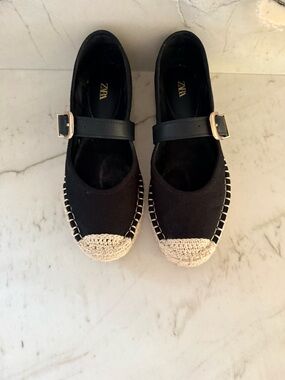 Zara Black Canvas Mary Jane Espadrilles with Natural Toe Cap